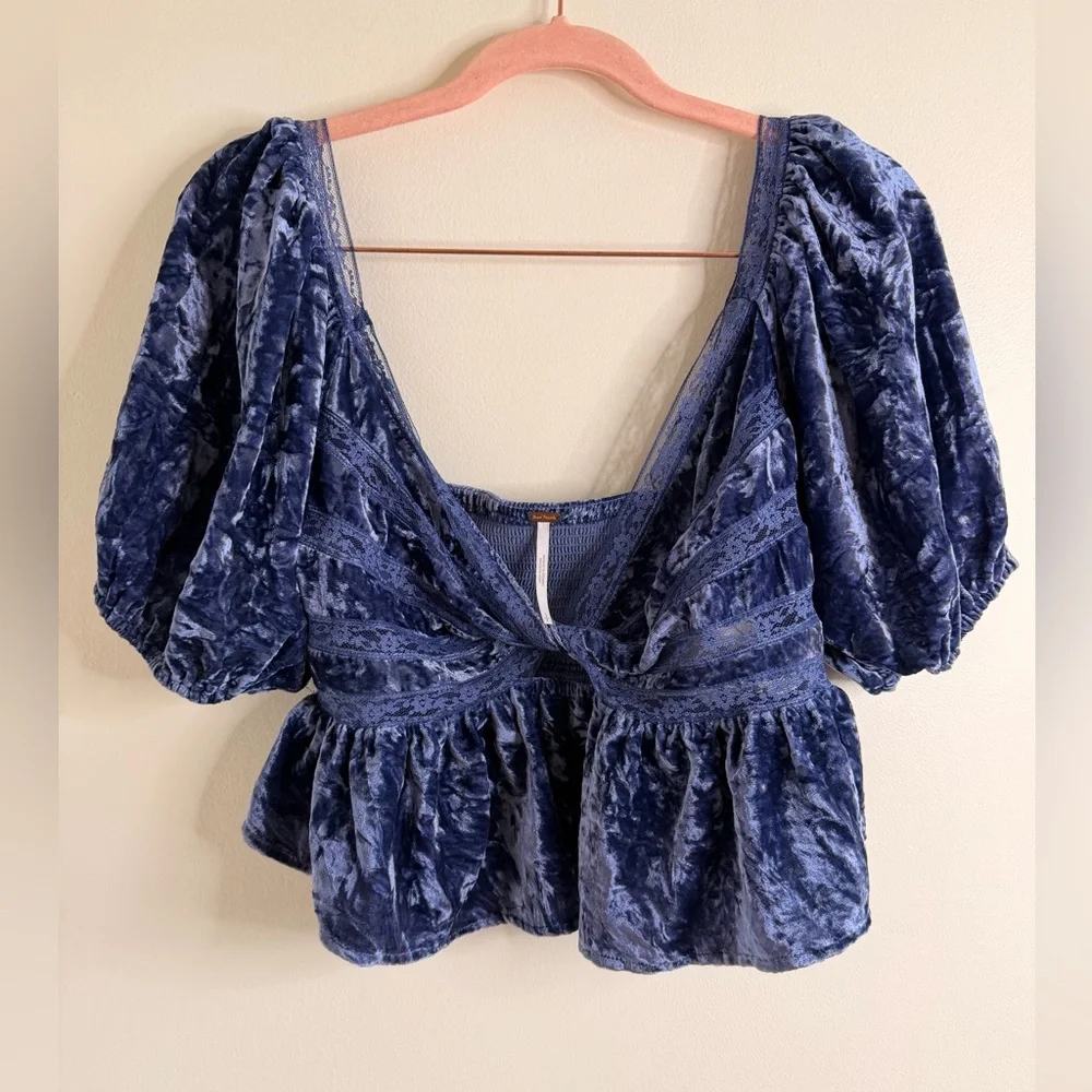 NWT Free People Deep Blue Velvet Blouse - Picture 4 of 5